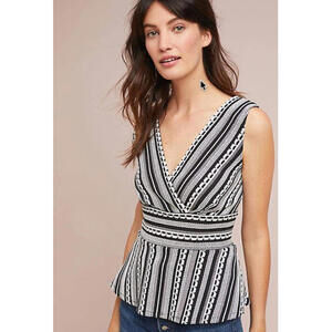 Vanessa Virginia Upton Peplum Top Small Black White V Neck Striped Anthropologie